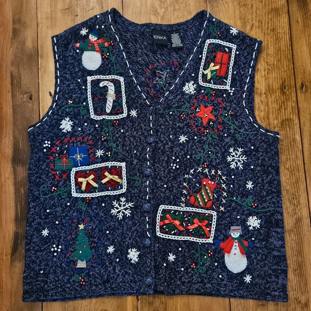 Erika Women's Christmas Sweater Vest Size Large Navy Blue Embroidered Snowman